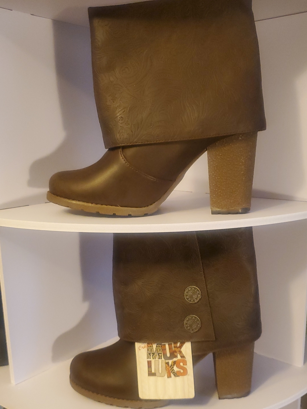 Faux-Leather Brown Mid-Calf Heel Boots - Muk Luks